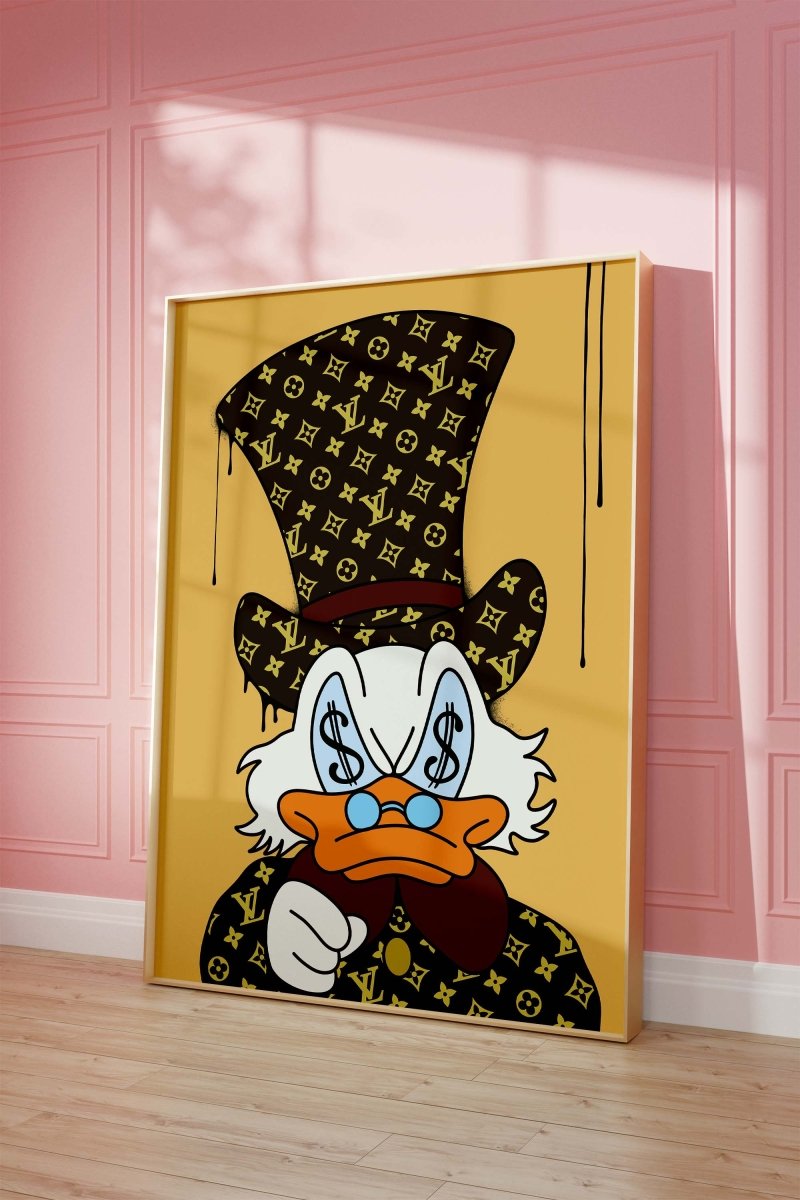 Póster de pato de lujo estilo caricatura · Diseño con ojos de dinero · Ilustración Pop Art · Estilo Street Art · Arte moderno para pared · Impresión sin marco