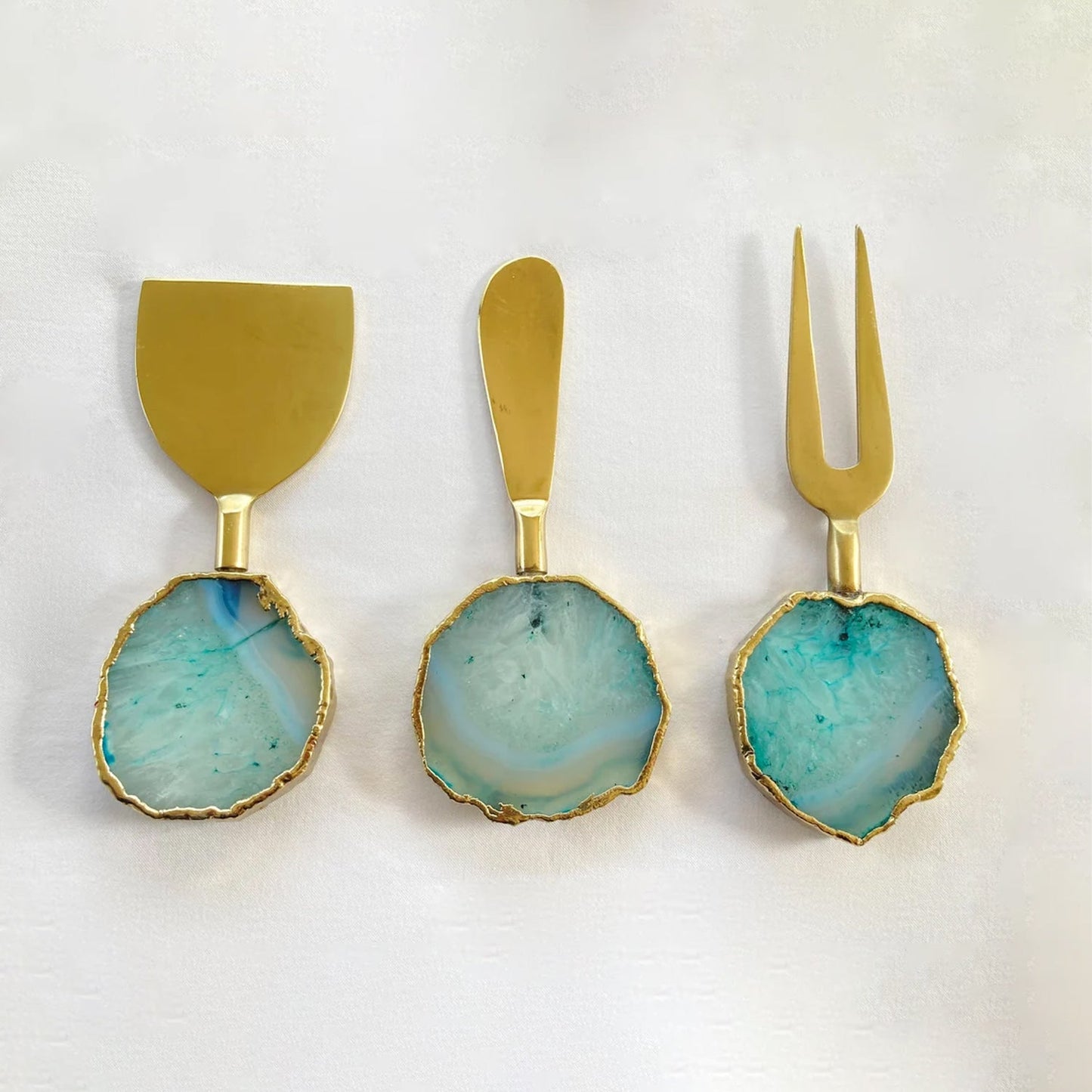 Juego de 3 cuchillos/untadores para queso de ágata aqua
