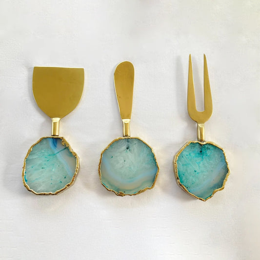 Juego de 3 cuchillos/untadores para queso de ágata aqua
