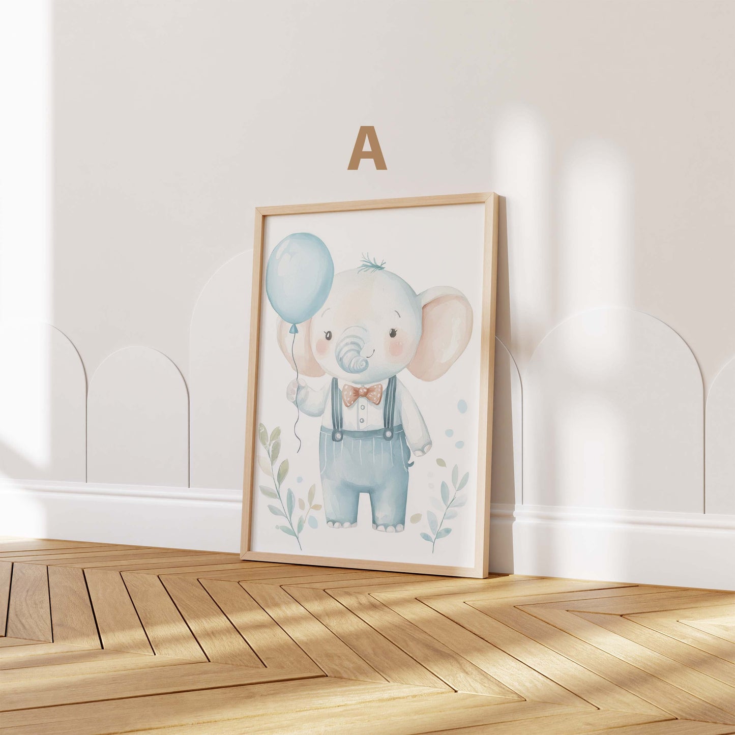Póster infantil de elefante tierno para habitación · Elefante en acuarela con globo · Decoración de pared para habitación de bebé · Ilustración de animal en tonos pastel · Impresión sin marco