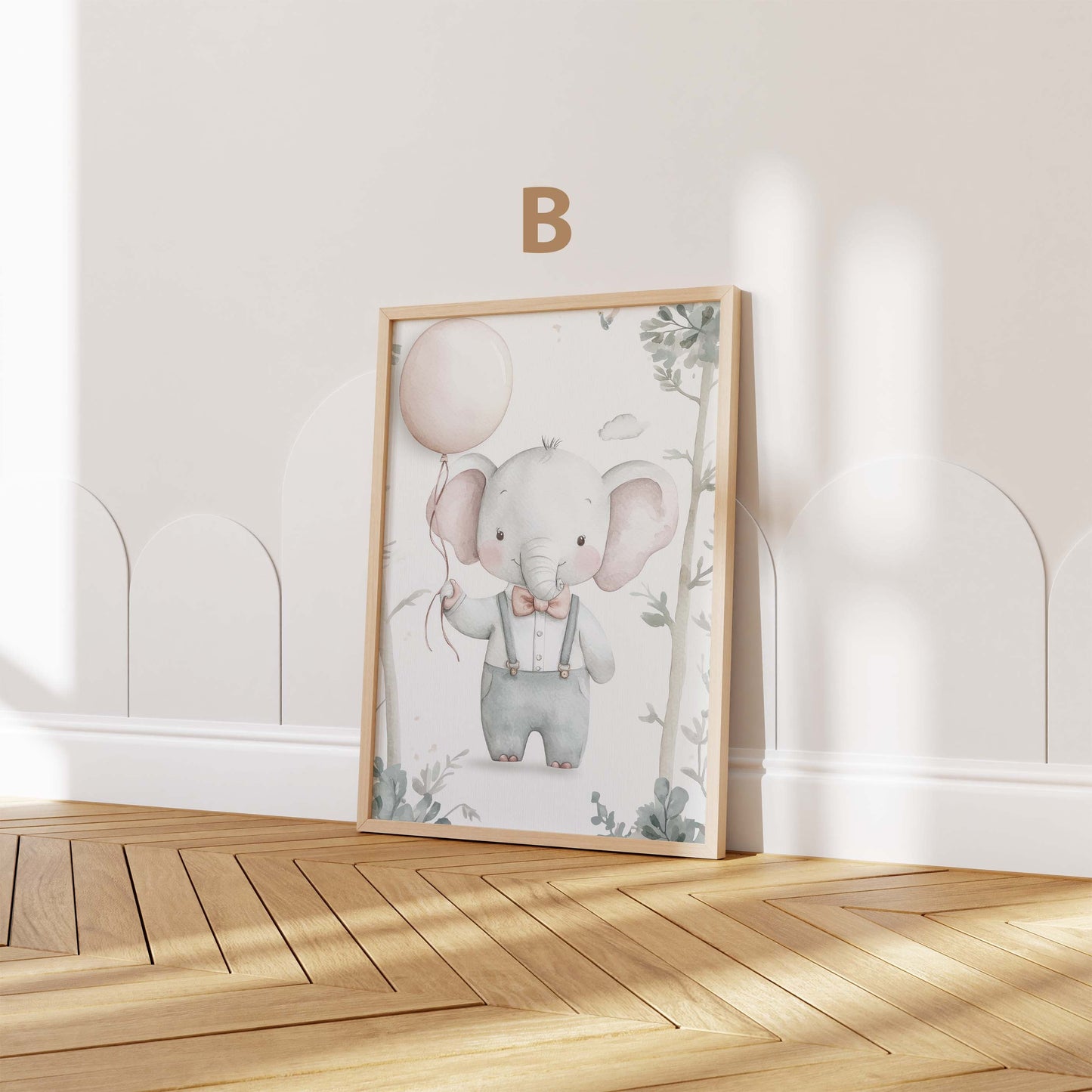 Póster infantil de elefante tierno para habitación · Elefante en acuarela con globo · Decoración de pared para habitación de bebé · Ilustración de animal en tonos pastel · Impresión sin marco