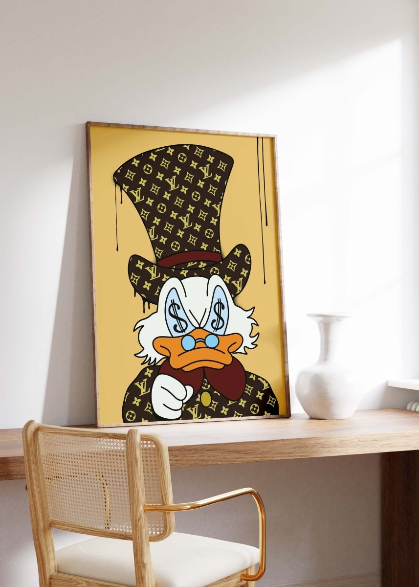 Póster de pato de lujo estilo caricatura · Diseño con ojos de dinero · Ilustración Pop Art · Estilo Street Art · Arte moderno para pared · Impresión sin marco