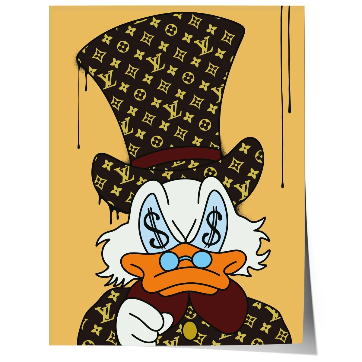 Póster de pato de lujo estilo caricatura · Diseño con ojos de dinero · Ilustración Pop Art · Estilo Street Art · Arte moderno para pared · Impresión sin marco