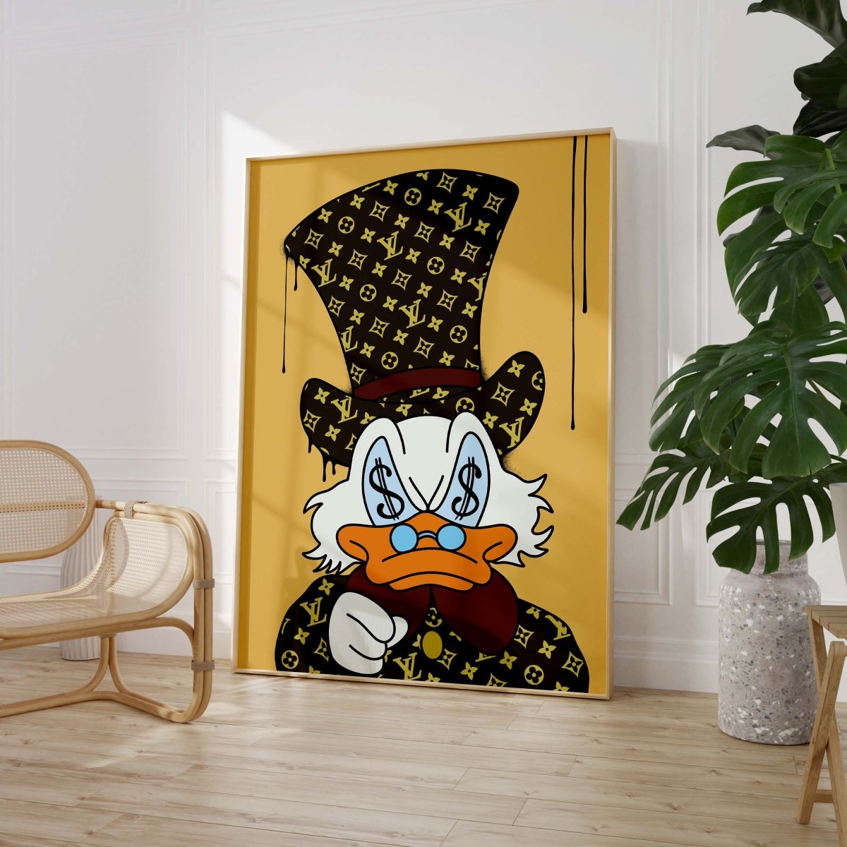 Póster de pato de lujo estilo caricatura · Diseño con ojos de dinero · Ilustración Pop Art · Estilo Street Art · Arte moderno para pared · Impresión sin marco