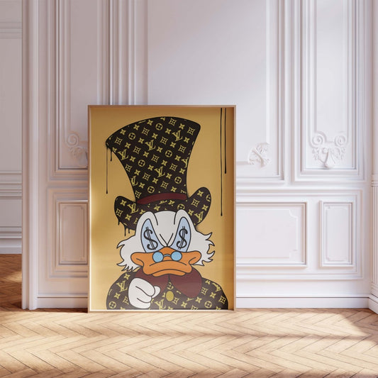 Póster de pato de lujo estilo caricatura · Diseño con ojos de dinero · Ilustración Pop Art · Estilo Street Art · Arte moderno para pared · Impresión sin marco