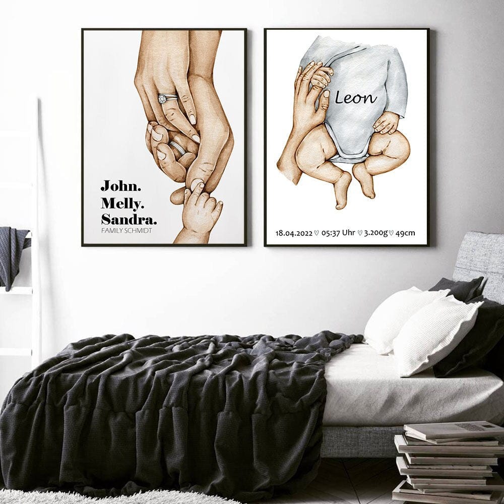 Póster familiar personalizado con manos de papá, mamá, hijos y bebé como impresión decorativa sin marco