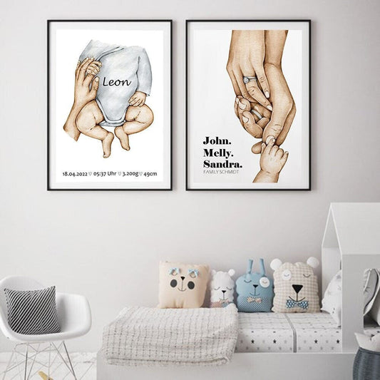 Póster familiar personalizado con manos de papá, mamá, hijos y bebé como impresión decorativa sin marco
