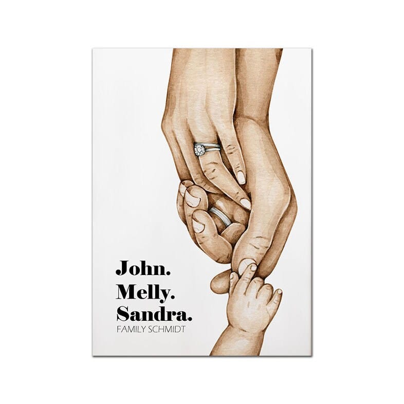 Póster familiar personalizado con manos de papá, mamá, hijos y bebé como impresión decorativa sin marco